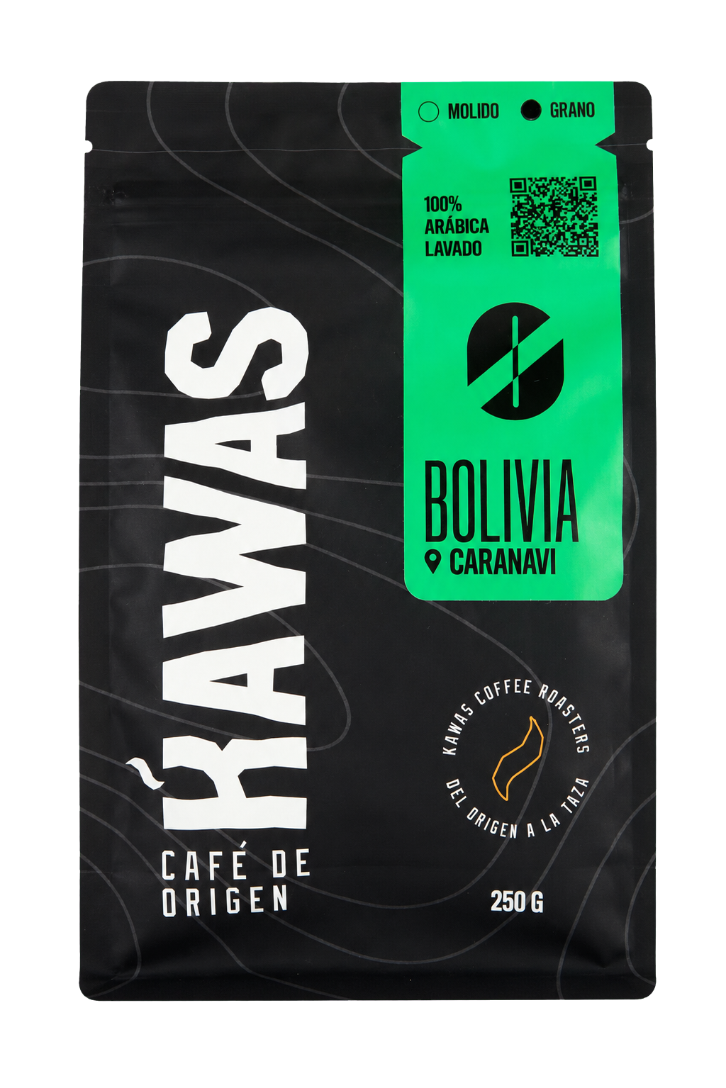 Bolsa de café KAWAS Bolivia Caranavi lavado, 250 g, fondo transparente