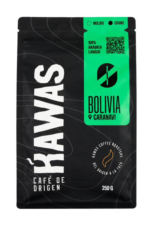 Bolsa de café KAWAS Bolivia Caranavi lavado, 250 g, fondo transparente