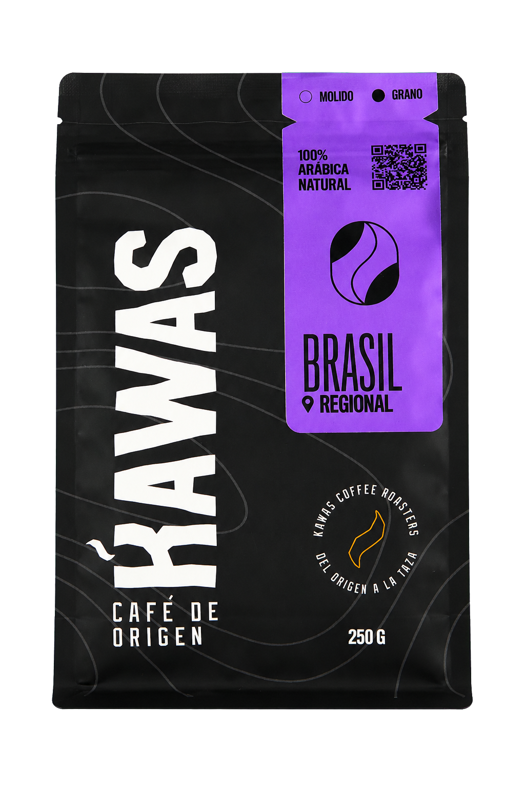 Bolsa de café KAWAS Brasil Carmo de Minas Natural, 250 g, fondo transparente