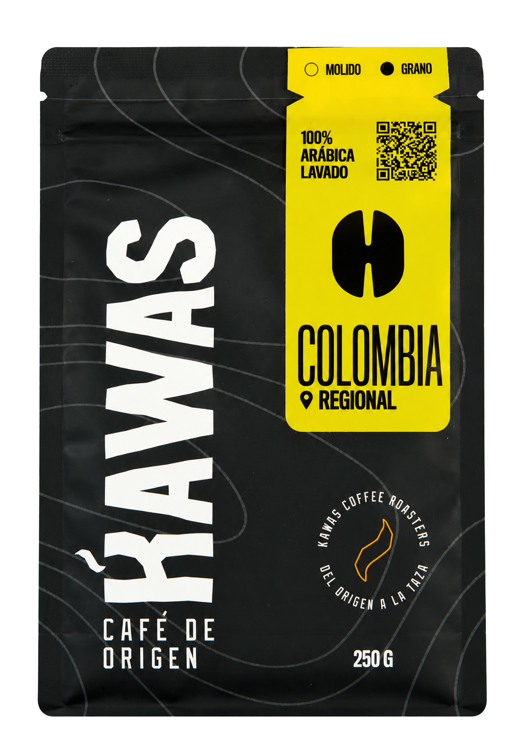 Bolsa de café KAWAS Colombia Caldas y Risaralda lavado, 250 g, fondo transparente