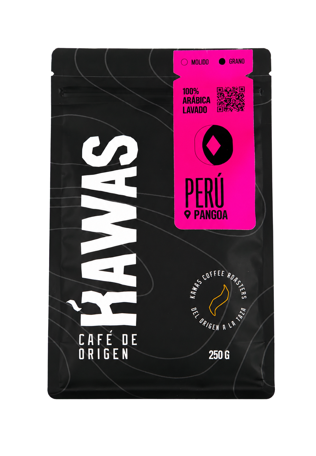 Bolsa de café KAWAS Perú Pangoa lavado, 250 g, fondo transparente